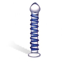 afbeelding glas - blue spiral glazen dildo